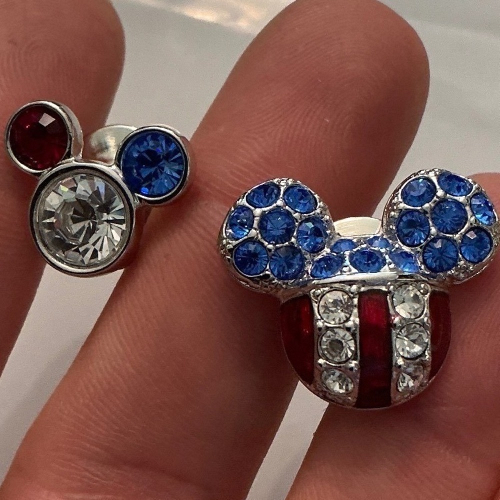 Disney Mickey Mouse Patriotic flag USA Swarovski swan crystal tie tack set of 2